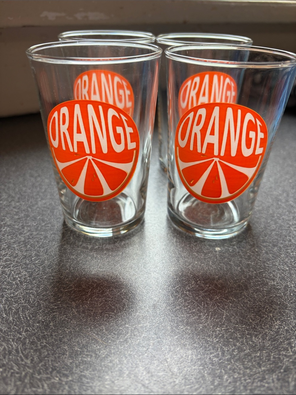 Retro Vintage 1970’s Clear Glass 6oz Tumbler with Orange Graphic - Set of 4